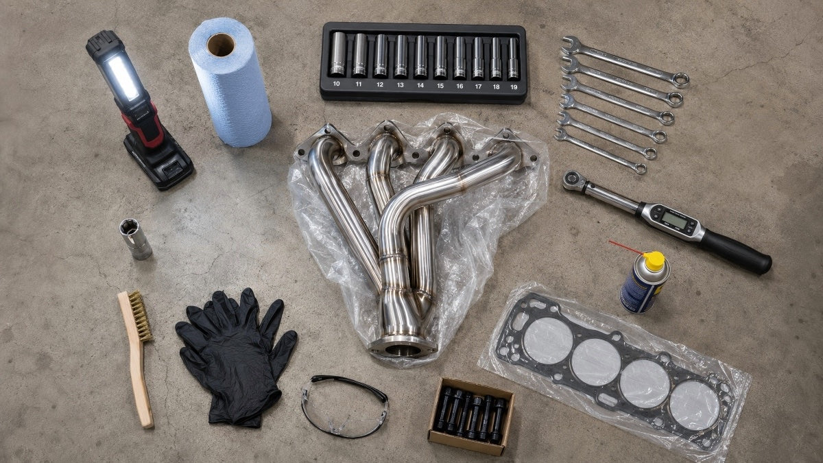 Complete exhaust header installation tools laid out on garage floor including socket set with extensions, torque wrench, penetrating oil, new MLS gaskets and stainless steel headers ready for DIY installation