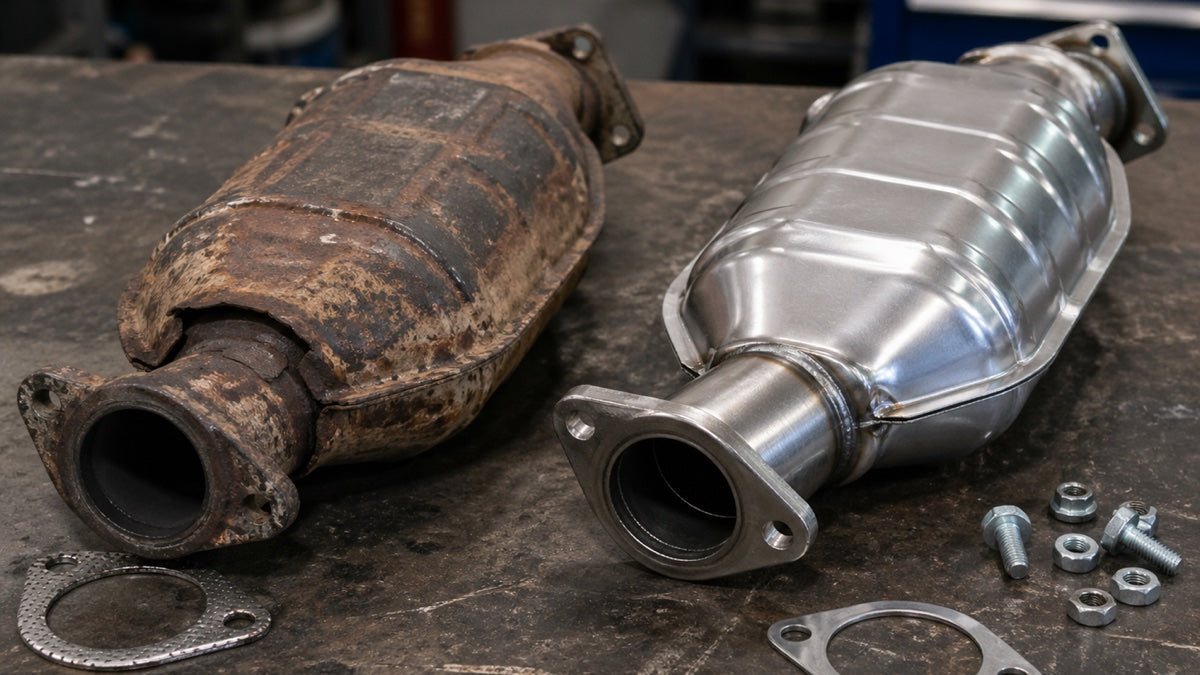 old rusted vs new stainless steel catalytic converter comparison side by side
