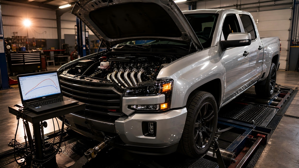 Silver Chevy Silverado 1500 with hood open showing newly installed stainless steel exhaust headers on 5.3L V8 engine during dynamometer horsepower testing