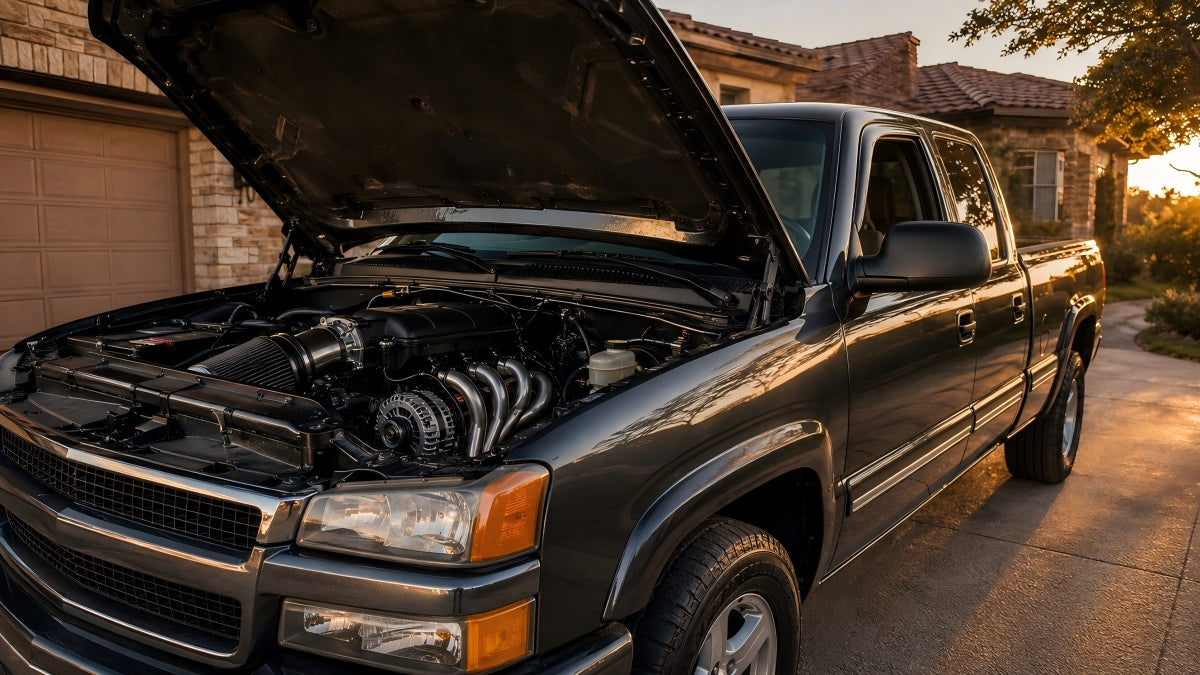 Black Chevrolet Silverado 1500 GMT800 with hood open showing newly installed polished 304 stainless steel shorty exhaust headers on 5.3L V8 engine, parked in residential driveway at sunset