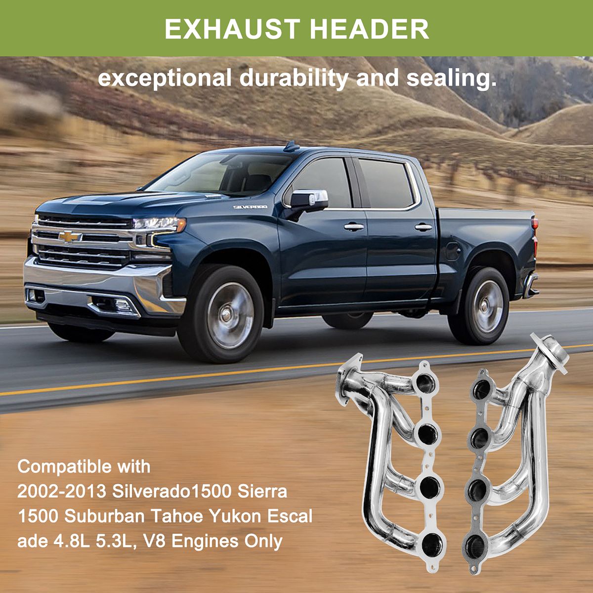 Silverado 5.3L Headers Fitment Chart Showing 2002-2016 Chevy Silverado 1500 2500HD 4.8L 5.3L 6.0L Compatibility