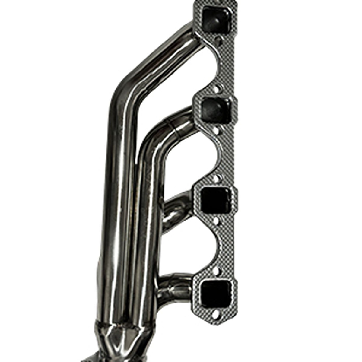 Ford Mustang Shorty Headers Angled View Showing Primary Tube Layout and 3 Inch Collector Merge for Exhaust