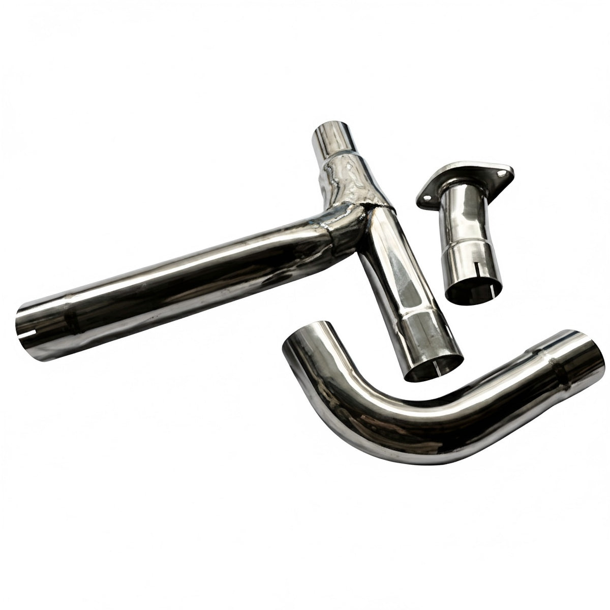Polished 304 stainless steel exhaust header tubing with TIG welded Y-collector and CNC machined flange for LS V8 engine swap