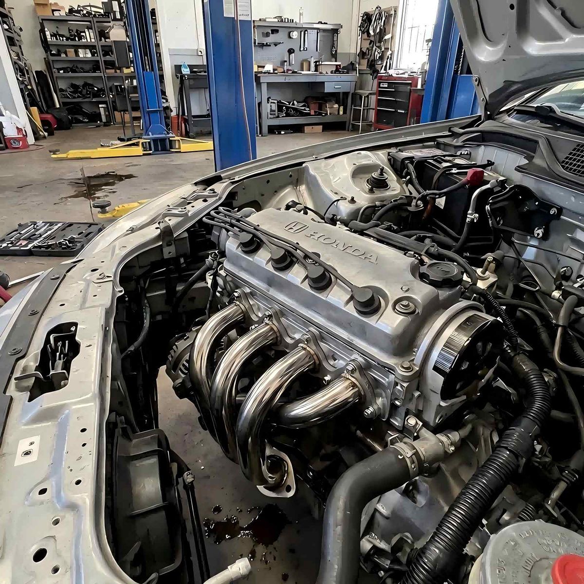 Honda Civic Stock Cast Iron Exhaust Manifold vs AMVirtuo Tubular Header Horsepower Upgrade Side Compare