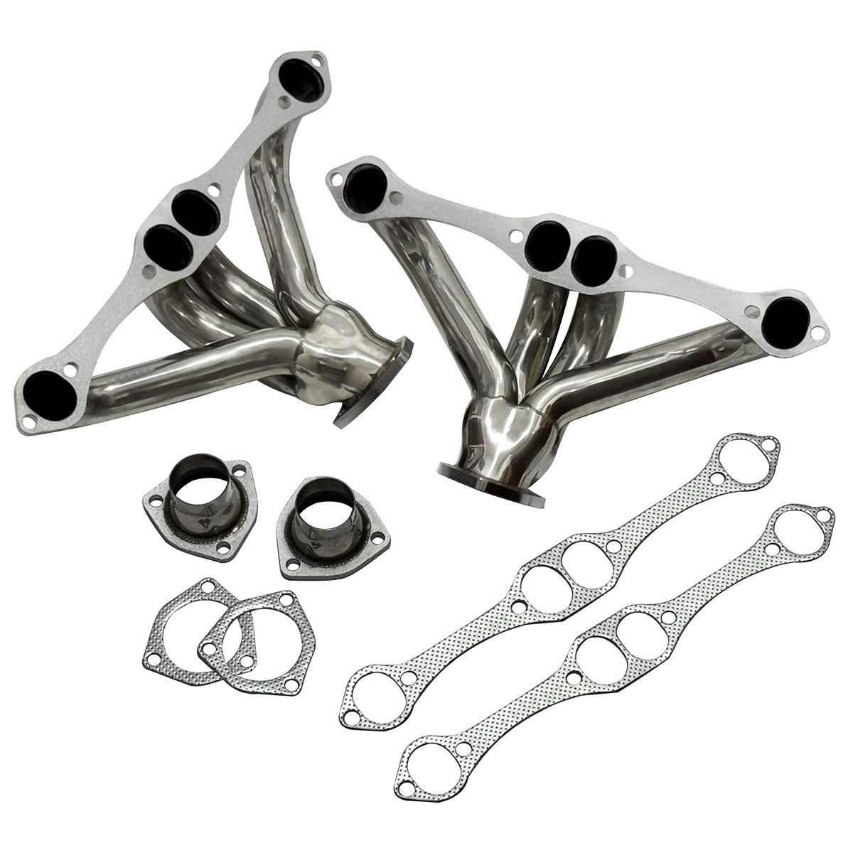 SBC Block Hugger Headers 45 Degree Angle Showing Compact Tube Route Around Small Block Chevy Oil Pan Exhaust Manifold