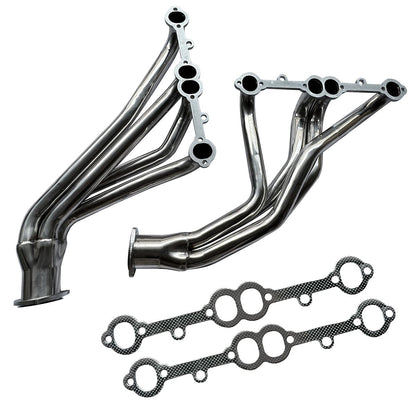 Chevy Blazer Long Tube Headers Close-Up Detail Showing TIG Weld Quality and Flange Surface for Small Block V8 Exhaust Manifold
