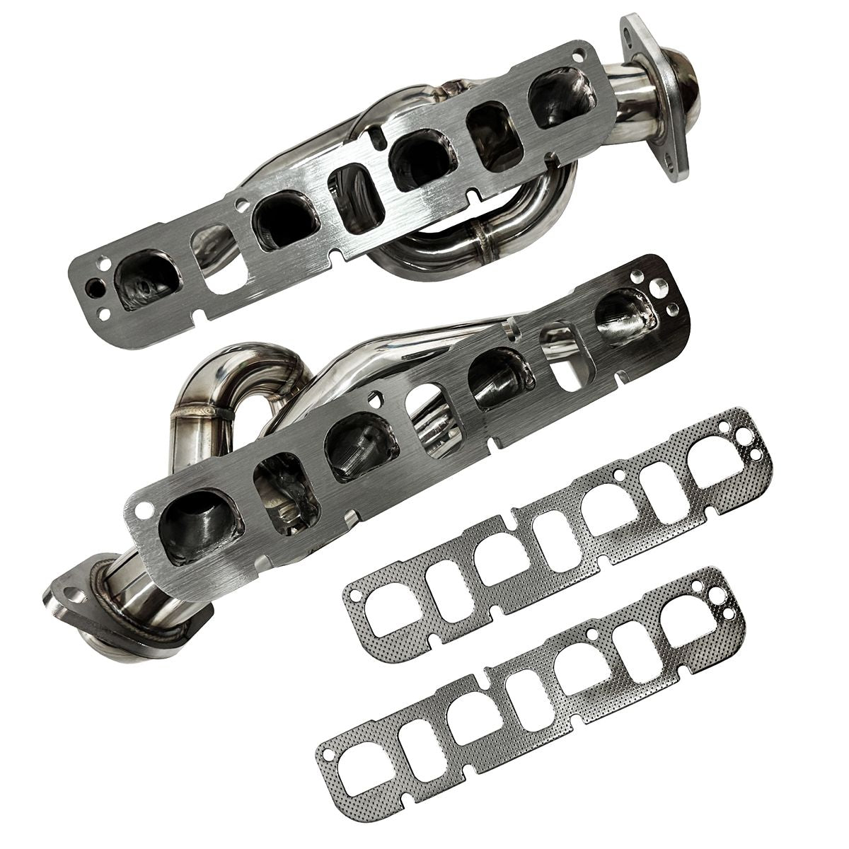 Dodge Ram HEMI Headers Installed in Truck Engine Bay Showing Starter AC Steering Clearance