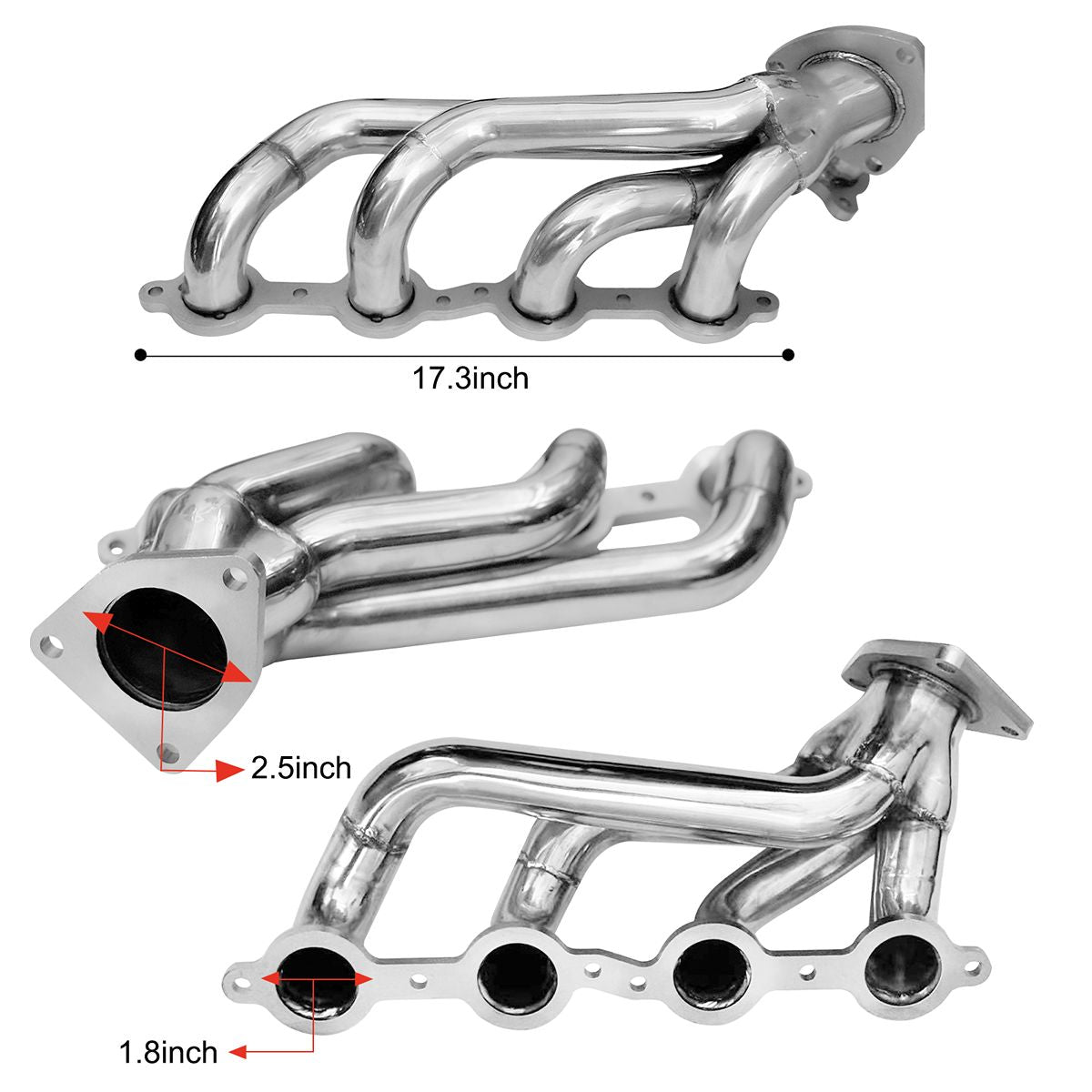 Silverado 5.3L Headers Dimension Specification 17.3in Primary 2.5in Collector Tube Size for 2002-2016 Chevy Exhaust Manifold