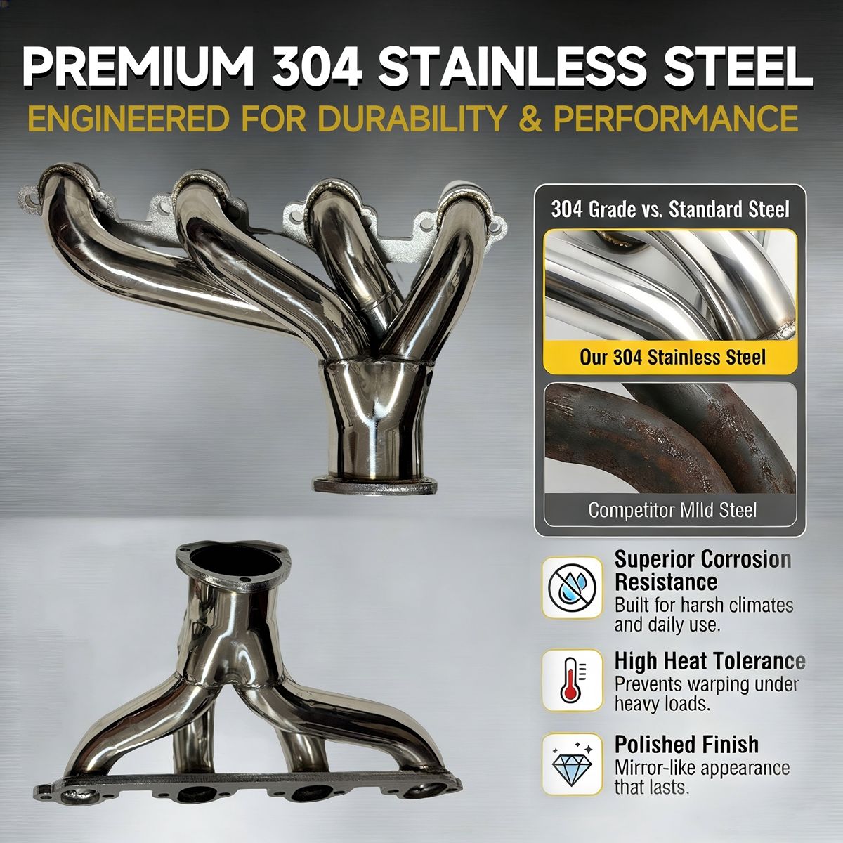 Ford Big Block 429 460 Shorty Headers Polished T304 Stainless Steel Surface Showing Mirror Finish Corrosion Resistance for FE Engine