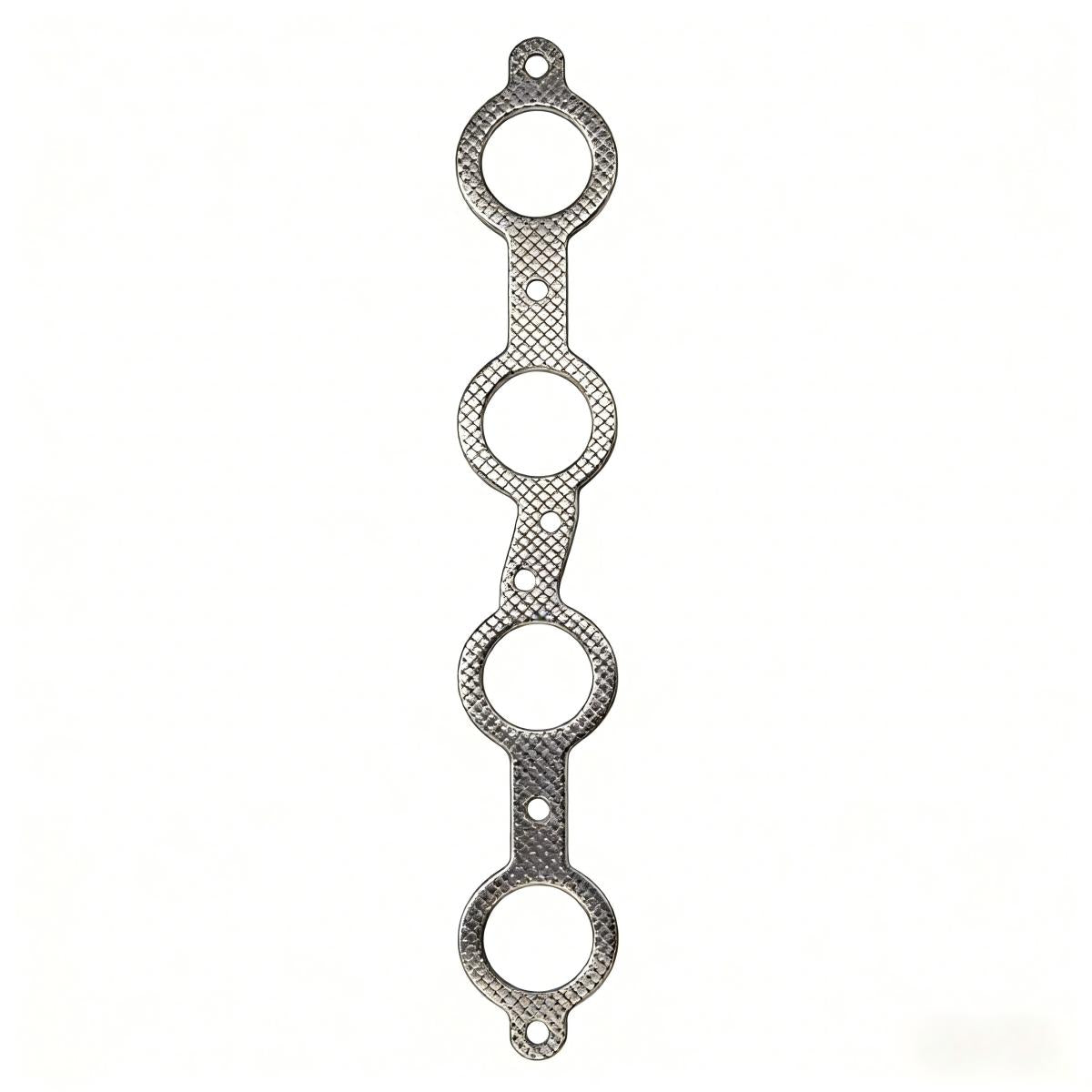 Collector flange end view of AMVirtuo exhaust headers showing merged outlet port and CNC-machined mounting surface