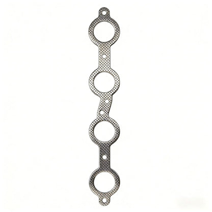 Collector flange end view of AMVirtuo exhaust headers showing merged outlet port and CNC-machined mounting surface