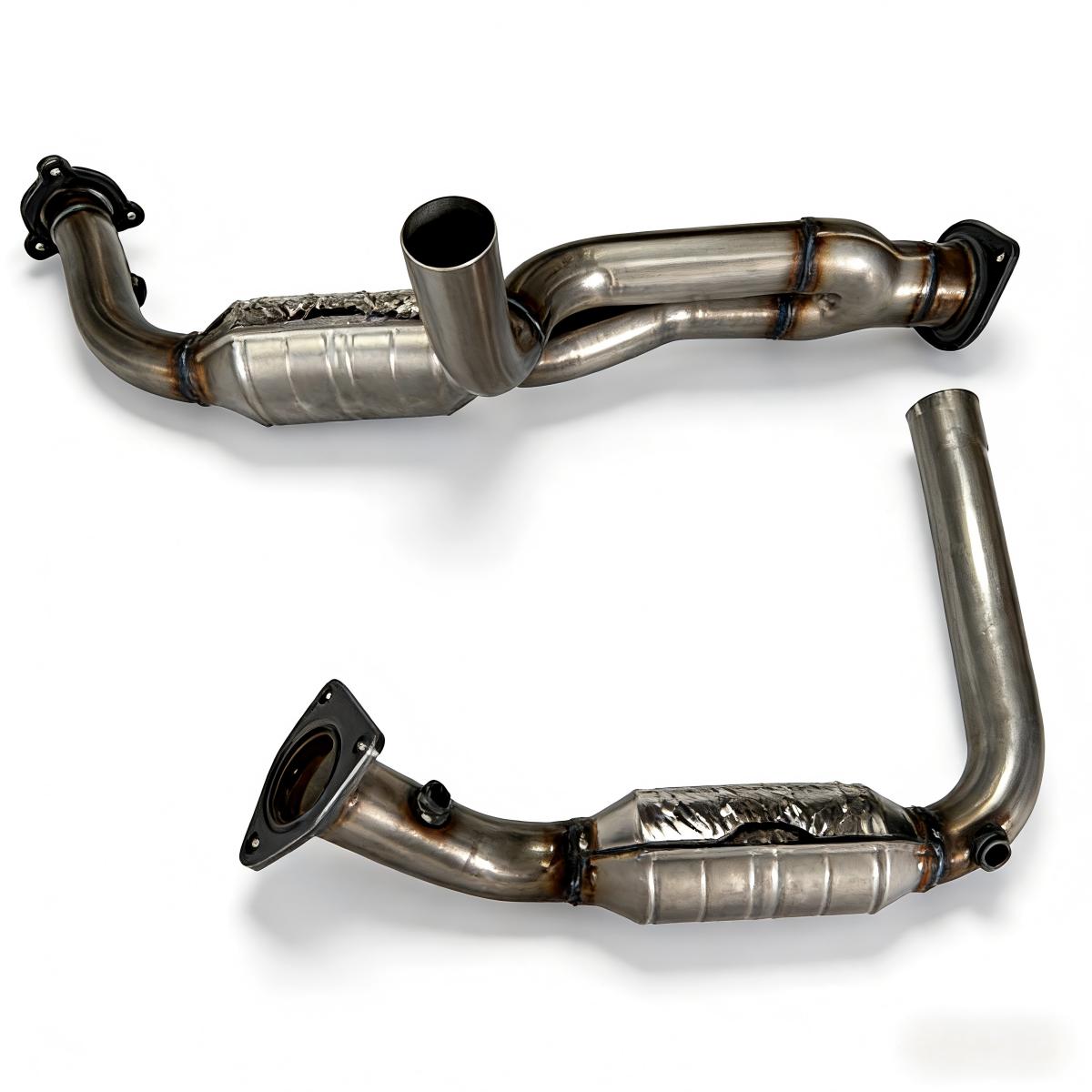 Silverado Catalytic Converter Side Profile View Showing Outlet Exhaust Pipe and Heat Shield for 1999-2006 Chevy GMC