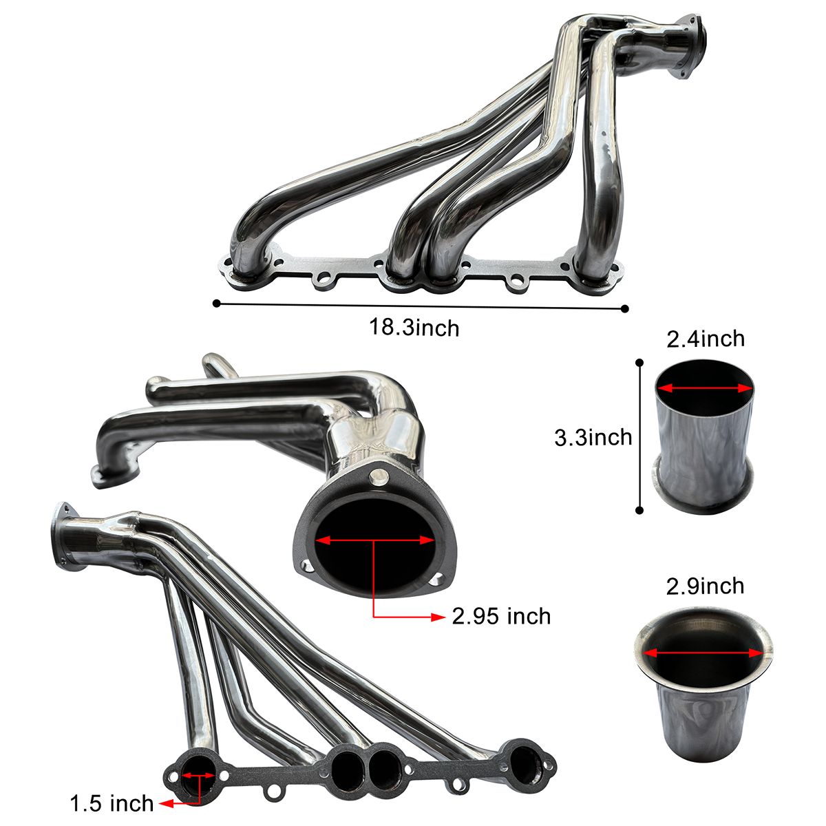 Chevy Blazer Long Tube Headers Dimension Specification 18.3in Length 2.4in Primary 3.3in Collector for Small Block V8 Exhaust