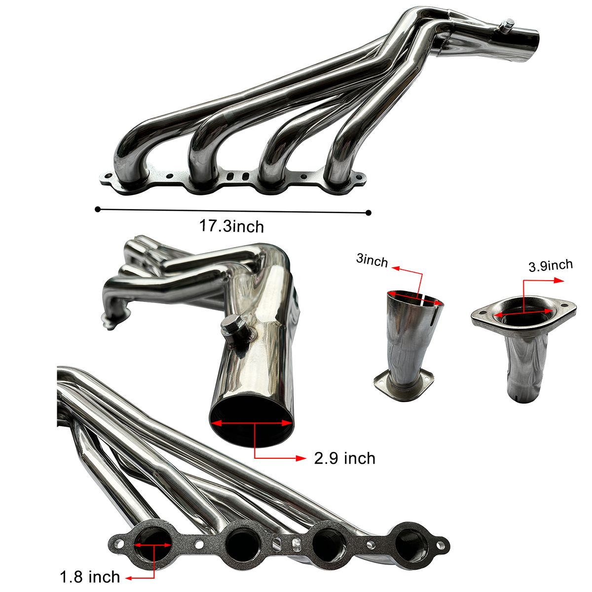 Silverado Y-Pipe Headers Dimension Specification 17.3in Primary 3in Collector 3.9in Y-Pipe for Chevy GMC V8 Exhaust