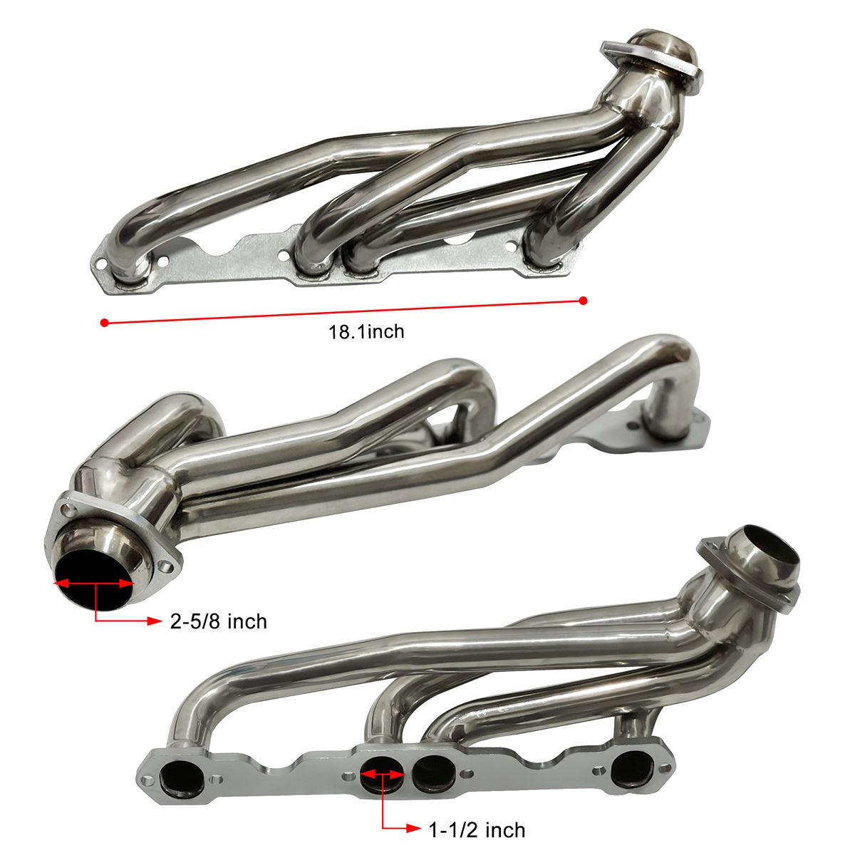 SBC Shorty Headers Dimension Specification 18.1in Length 2-5/8in Primary 1-1/2in Tube for 1988-1995 Chevy 305 350 Exhaust Manifold