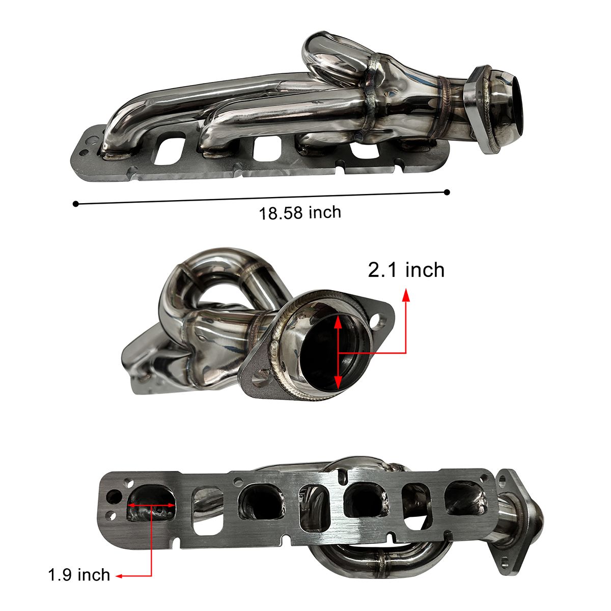 Dodge Ram HEMI 5.7L Headers Dimension Specification 18.58in Length 2.1in Primary 1.9in Tube for 2009-2023 Truck Exhaust