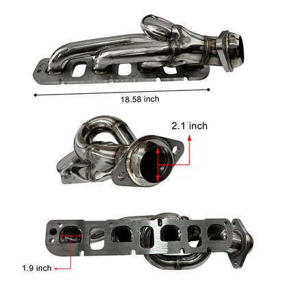 Dodge Ram HEMI 5.7L Headers Dimension Specification 18.58in Length 2.1in Primary 1.9in Tube for 2009-2023 Truck Exhaust