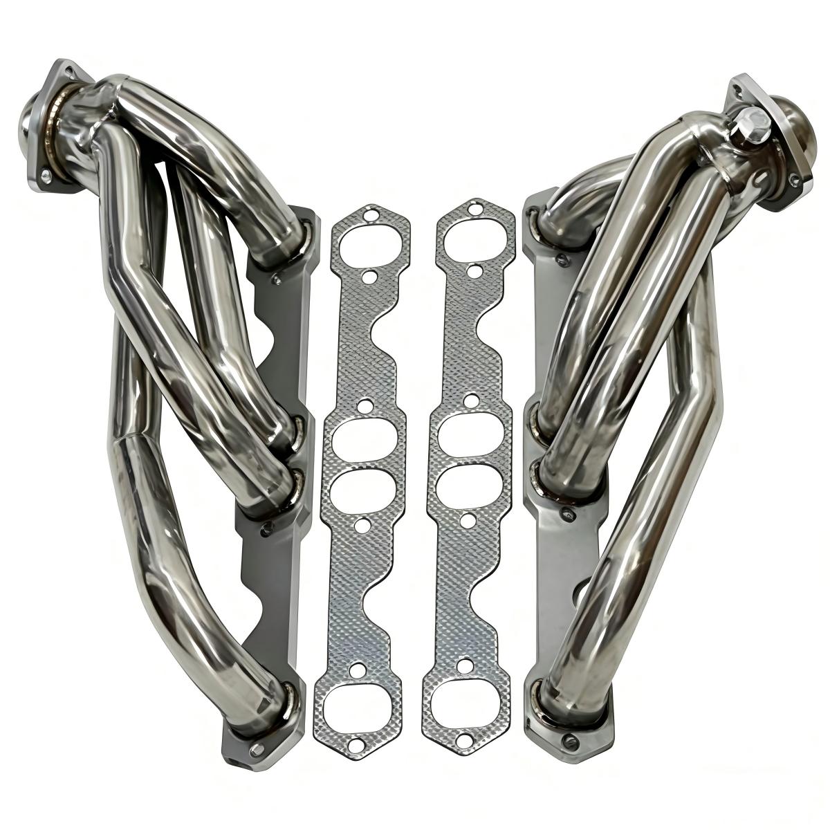 SBC Shorty Headers 45 Degree View Showing Tube Routing Around 1988-1995 Chevy Small Block Oil Pan Exhaust Manifold