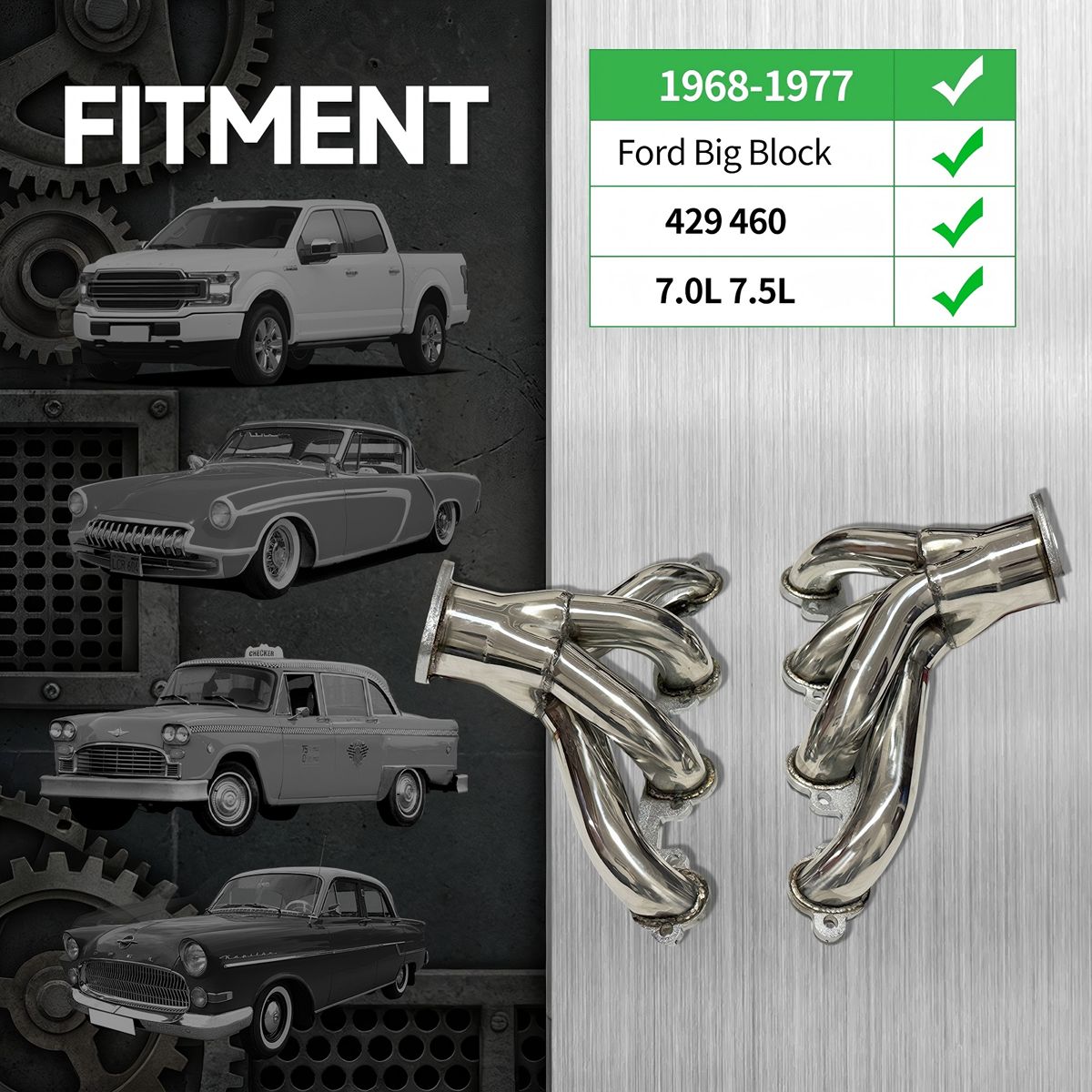 Ford Big Block 429 460 Shorty Headers Fitment Chart Showing 1968-1977 FE Series V8 Engine Compatibility Exhaust