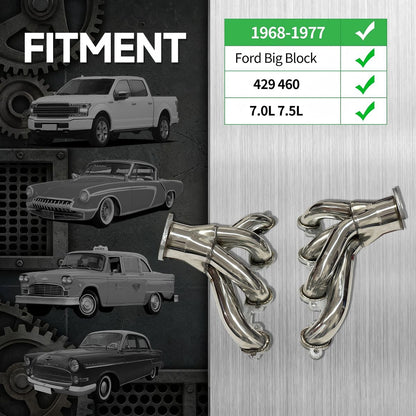 Ford Big Block 429 460 Shorty Headers Fitment Chart Showing 1968-1977 FE Series V8 Engine Compatibility Exhaust