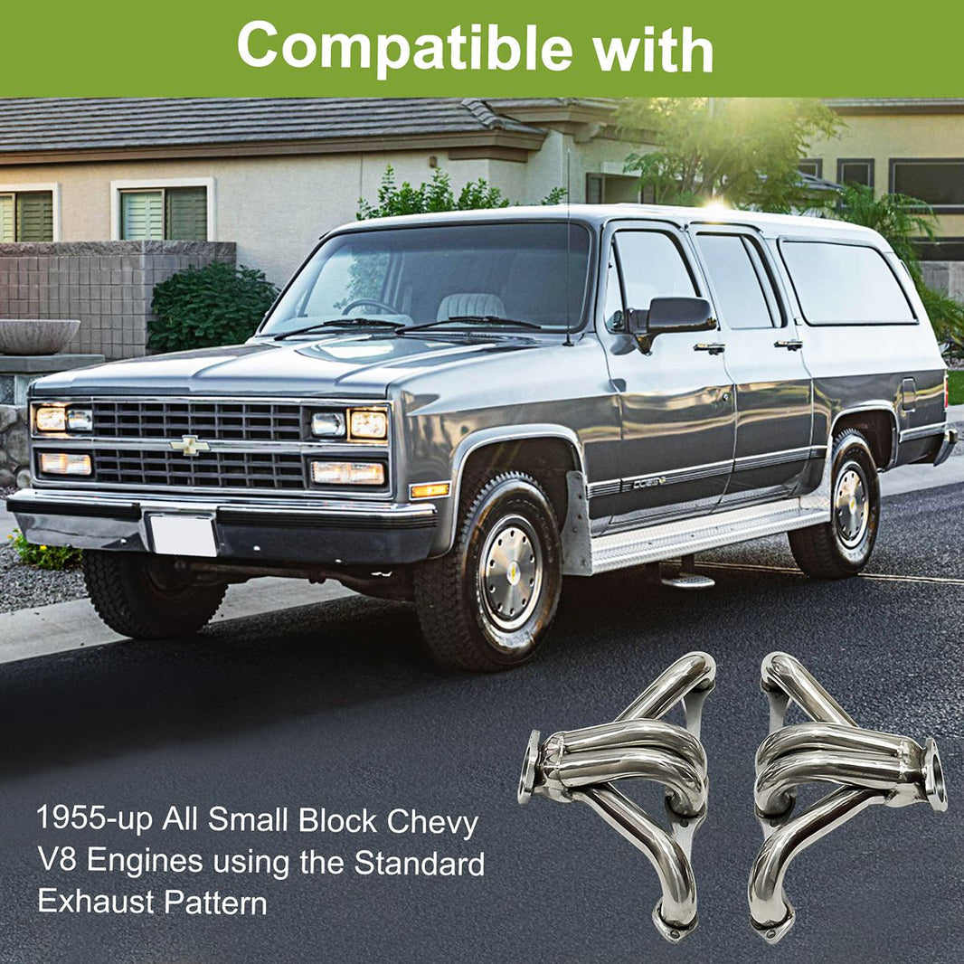 SBC Block Hugger Headers Fitment Chart Showing 1955-Up All Small Block Chevy 265 283 305 327 350 400 Compatibility