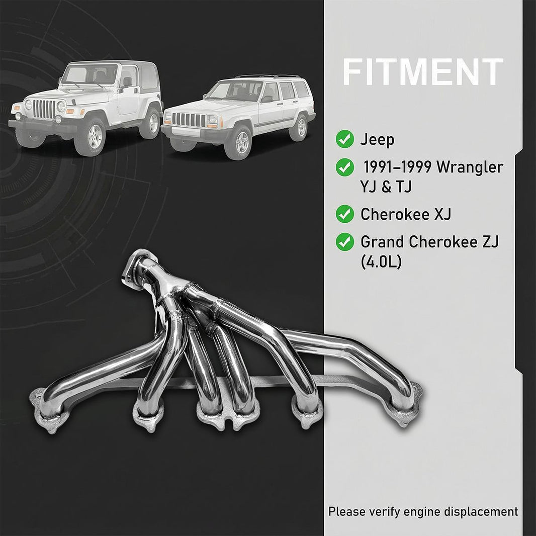 Jeep Wrangler TJ Headers Fitment Chart Showing 1991-1999 Wrangler Cherokee Grand Cherokee 4.0L I6 Compatibility