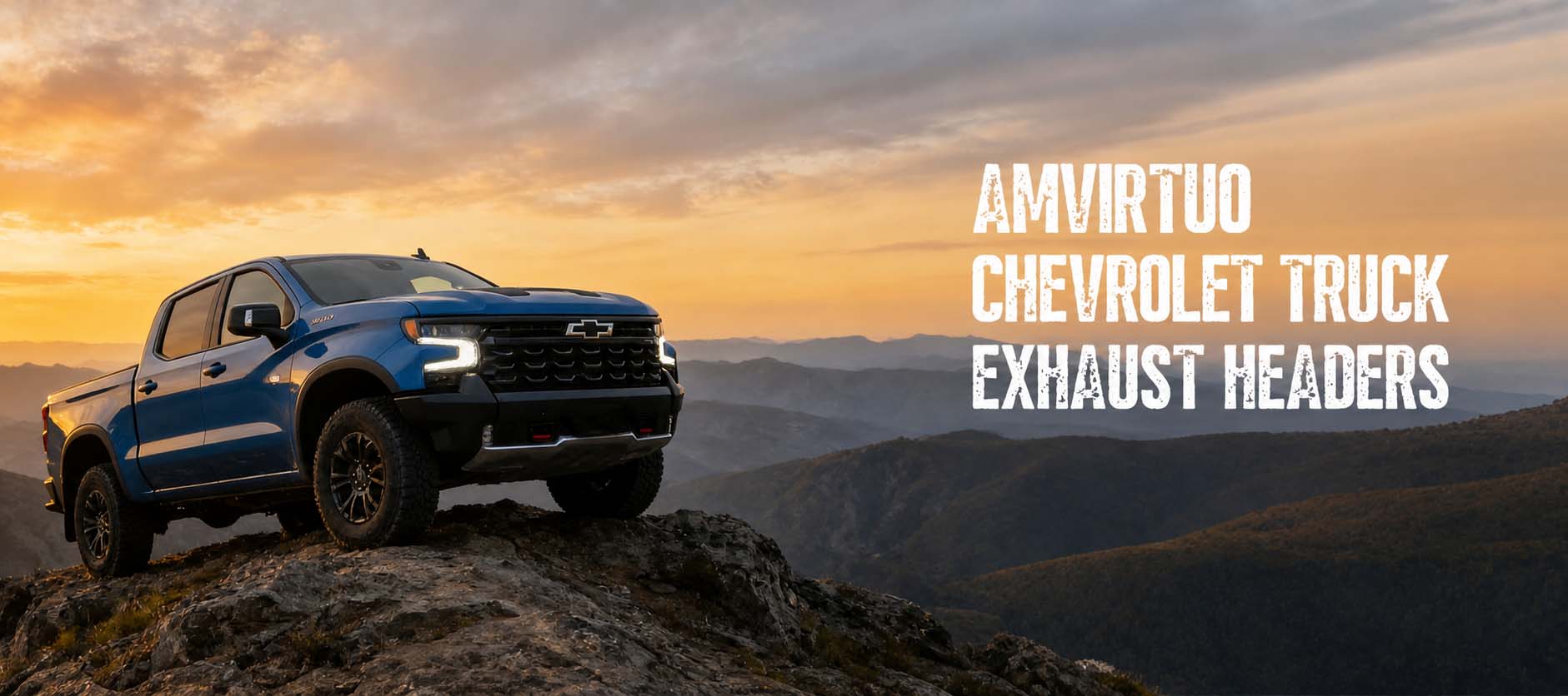 AMVirtuo performance exhaust headers for Chevrolet Silverado and GMC Sierra trucks — stainless steel header upgrade for improved engine power and torque