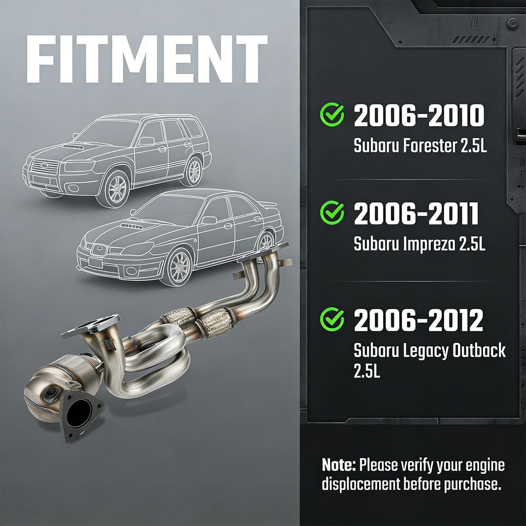 Subaru Catalytic Converter Fitment Chart Showing 2006-2012 Forester Impreza Legacy Outback 2.5L H4 Compatibility