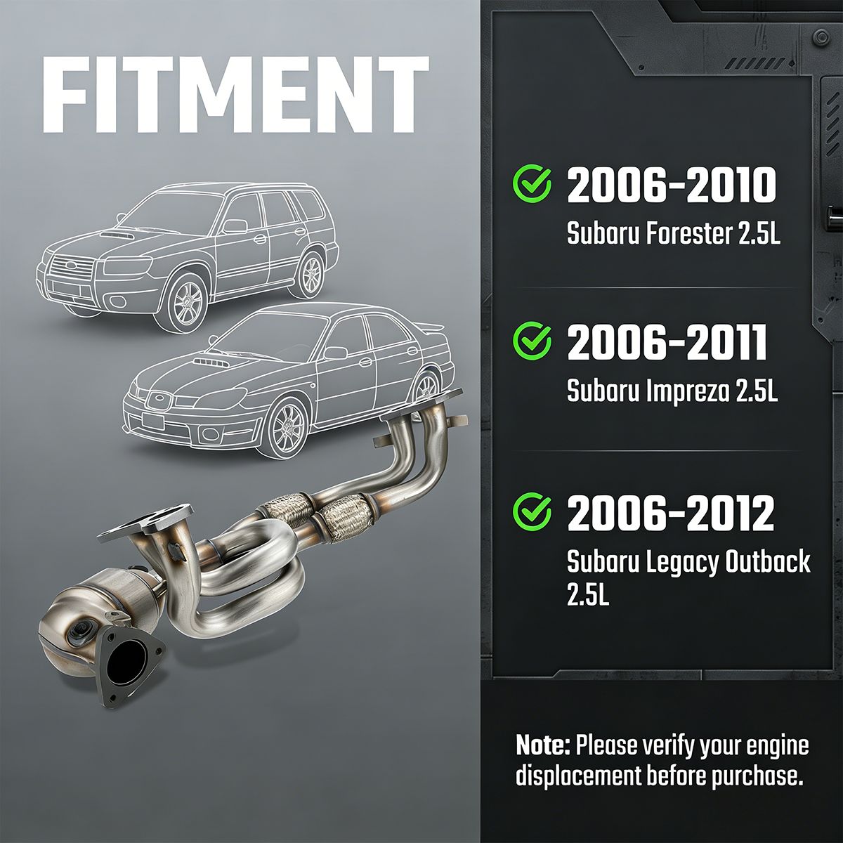 Subaru Catalytic Converter Fitment Chart Showing 2006-2012 Forester Impreza Legacy Outback 2.5L H4 Compatibility