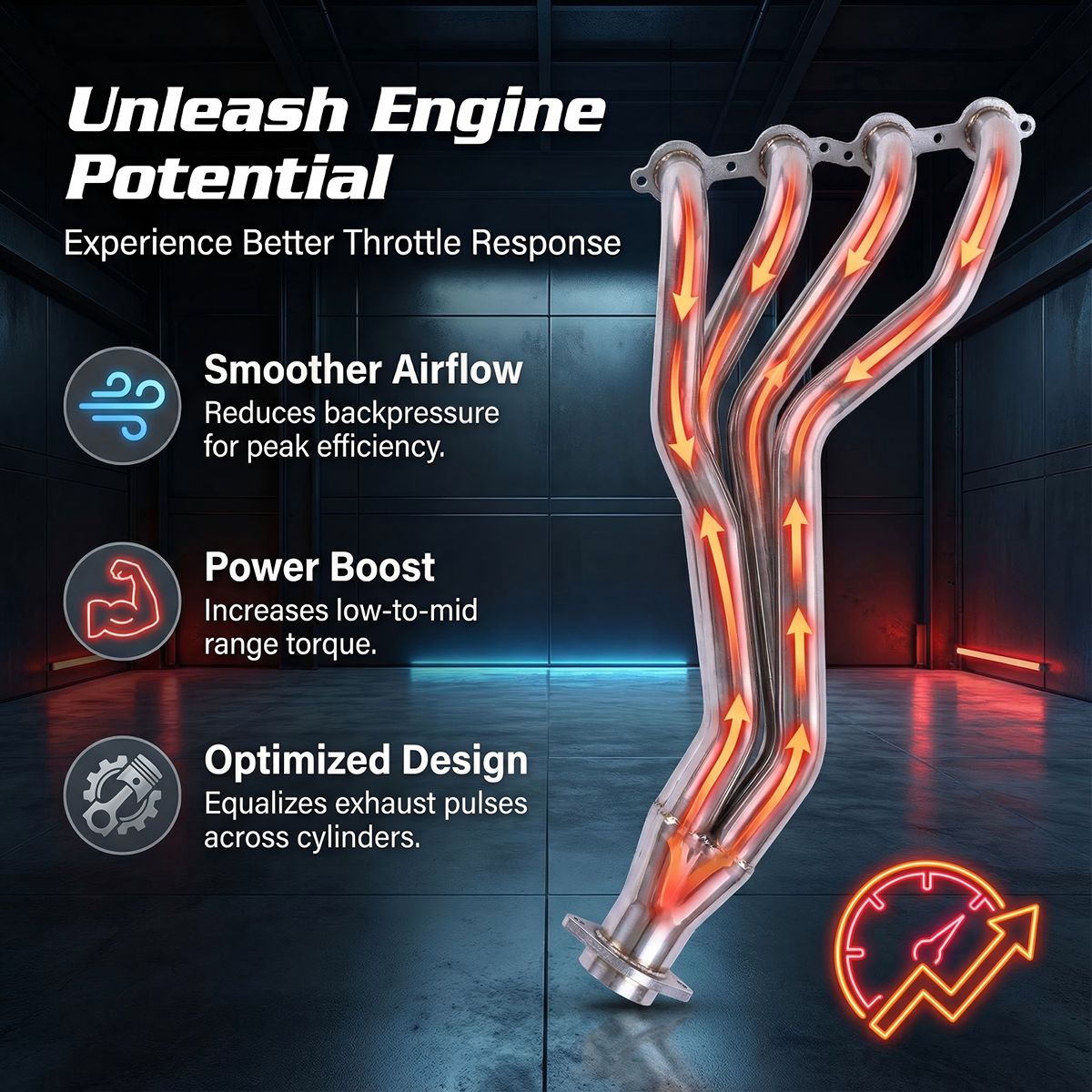 AMVirtuo polished stainless steel exhaust headers with airflow diagram showing horsepower and throttle response improvement
