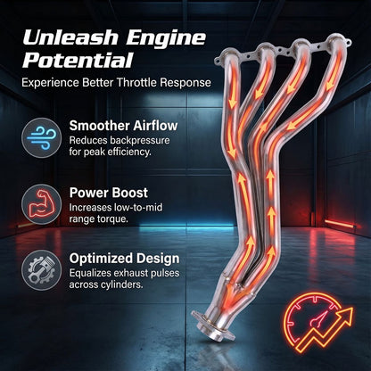 AMVirtuo polished stainless steel exhaust headers with airflow diagram showing horsepower and throttle response improvement