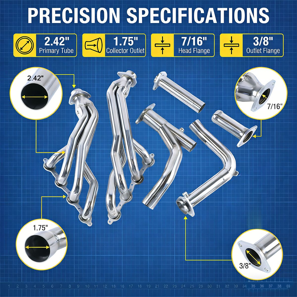 Silverado Long Tube Headers Technical Specification Diagram Showing Tube Length and Collector Size for 2007-2014 Chevy GMC V8