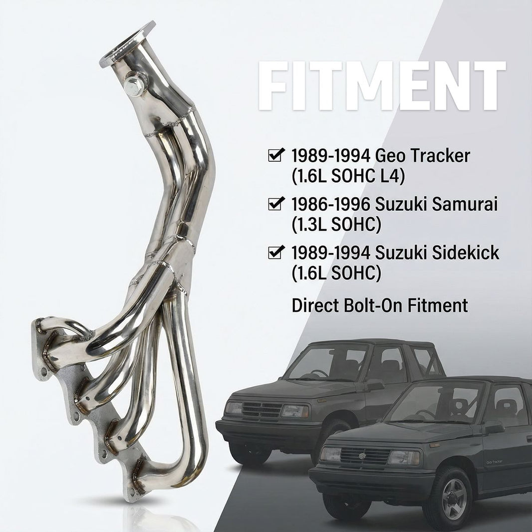 Geo Tracker Suzuki Header Fitment Chart 1989-1994 Geo Tracker; 1986-1996 Suzuki Samurai; 1989-1994 Suzuki Sidekick