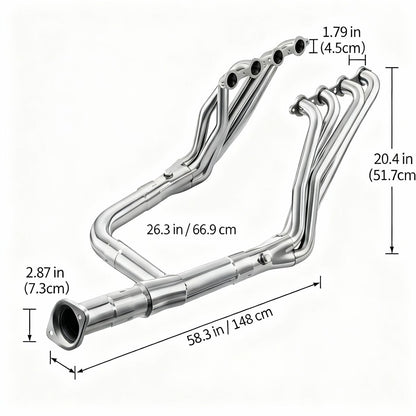Silverado Headers with Y-Pipe Dimension Specification 1.79in Primary 20.4in Length 26.3in Y-Pipe for Chevy GMC V8 Exhaust